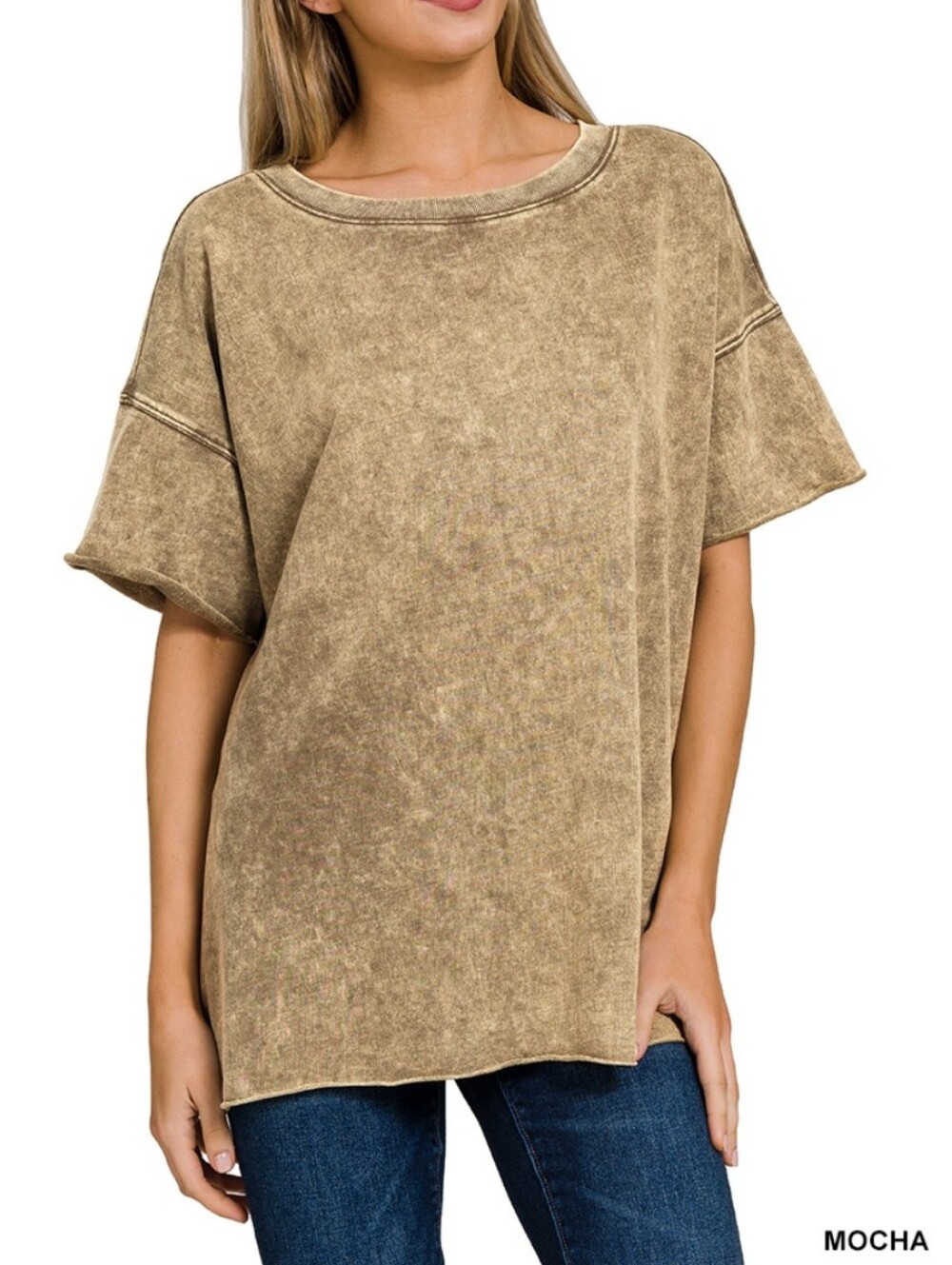 New Zenana Mocha Acid Wash French Terry Top